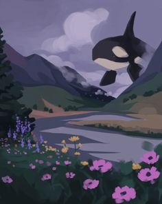 an orca jumping in the air above flowers and trees with mountains in the background