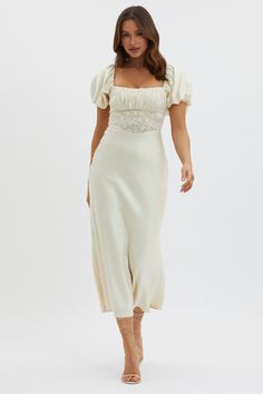 Shop the Allianna Puff Sleeve Lace Waist Midi Dress Butter | Selfie Leslie Cream Engagement Dress, Midi Dress Dinner Outfit, Fitted Feminine Lace Dress With Puff Sleeves, Elegant Cream Puff Sleeve Midi Dress, Wedding Midi Dress With Puff Sleeves And Ruffles, Elegant Midi Dress With Lace Trim And Puff Sleeves, Feminine Midi Dress With Lace Trim And Puff Sleeves, White Dress Fall, Rehearsal Dinner Looks