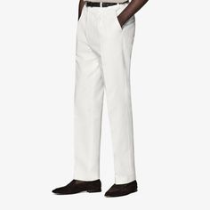 Elevate your ensemble with these high-rise, regular-fit pants in a subtle off-white, featuring a refined single pleat, secure button and hook closure, and sharp straight leg cut. White Formal Full-length Dress Pants, Fitted White Straight Dress Pants, White Chinos For Workwear, White Full-length Formal Pants, Formal White Full-length Pants, White Formal Dress Pants For Summer, White Full Length Formal Pants, White Chinos For Workwear In Summer, Tailored White Dress Pants With Pockets