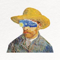 a painting of a man with a yellow hat and blue eye patch on his forehead