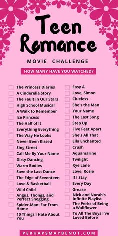 a pink poster with the words teen romance movie challenge written in black and white on it