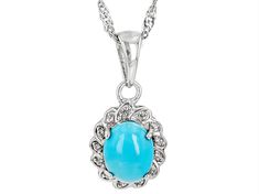 9x7mm Oval Cabochon Sleeping Beauty Turquoise With 0.08ctw Round White Zircon Rhodium Over Sterling Silver Pendant With 18"Singapore Chain. Measures Approximately 0.82"L x 0.42"W. 3mm bail. Lobster clasp with 2"extender. Accent stones primarily zircon. Blue Oval Cabochon Jewelry With Gemstone Accents, Blue Oval Cabochon Gemstone Jewelry, Elegant Oval Turquoise Jewelry, Turquoise Oval Jewelry With Diamond Accents, Oval Turquoise Jewelry With Diamond Accents, Elegant Turquoise Cabochon Gemstones, Fine Jewelry With Oval Turquoise, Fine Jewelry Oval Turquoise Jewelry, Fine Jewelry Oval Turquoise