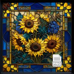 sunflowers and bluebells are depicted in this stained glass paneled window