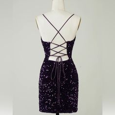 Super Cute, Brand New, Sequin Dress, With Tie In The Back, Size 2 Fitted Purple Dress With Tie Back, Fitted Tie Back Mini Dress For Homecoming, Fitted Tie-back Mini Dress For Homecoming, Fitted Dress With Lace-up Back For Party Season, Purple Tie Back Mini Dress, Purple Tie-back Mini Dress, Tie Back Mini Dress For Party Season, Tie Back Mini Party Dress, Party Season Tie Back Mini Dress