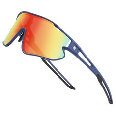 a pair of sunglasses with blue frames and red mirrored lenses on the top of it