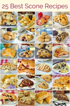 the 25 best scone recipes are on display in this collage, with images of different pastries and desserts