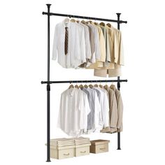 an iron pipe garment rack with three hangers and two bins for clothes,