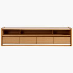 a wooden shelf with two drawers on one side and an open drawer on the other