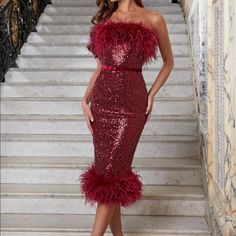 Brand New With Tags. Never Been Worn. Dress With Feather Trim, Sequin Mermaid Dress, Nadine Merabi, Scarlett Dresses, Feather Trim, Dress Crafts, Burgundy Dress, Womens Black Dress, Mermaid Dress