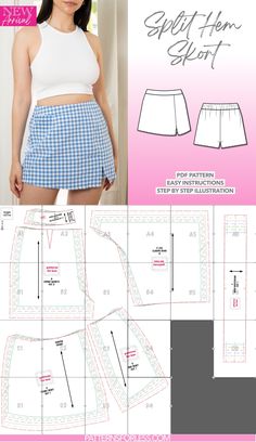 Split Hem Skort Sewing Pattern Flippy Skirt Sewing Pattern, Solid Split Front Skort, Beach Skirt Pattern Sewing, Sewing Tennis Skirts Patterns, Sewing Patterns For Skirt, Pattern Sewing Skirt, Simple Sewing Pattern Free, Skirt Sowing Pattern, Kawaii Items Sewing Patterns