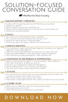 Using Solution Focused Counseling in Schools with Kids & Teens - WholeHearted School Counseling Counselor Activities For High School, Identity Counseling Activities, High School Social Work Activities, Therapy Conversation Starters, School Counseling Ideas, High School Counseling Resources, School Counseling Classroom, Counselling Questions, Counseling Interventions