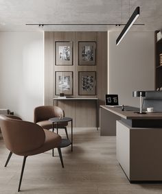 a living room filled with furniture and pictures on the wall above it's counter