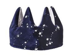 a blue velvet crown with white stars on the front and silver trims, sitting against a light blue background