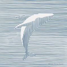 a blue and white drawing of a bird flying through the air with lines on it