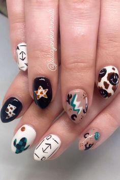 Funky Cowgirl Nails Nfr Nails Ideas, Yellowstone Nails, Turquoise Western Nails, Farm Nails, Nashville Nails Ideas, Punchy Nails Designs, Western Nail Ideas, Aztec Nail Designs, Cowgirl Nails