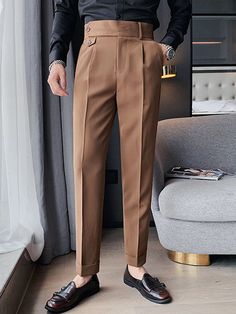 Men's Dress Pants Trousers Pleated Pants Suit Pants Gurkha Pants High Rise Plain Comfort Breathable Outdoor Daily Going out Vintage Elegant Black White 2024 - IDR Rp430301 Non-stretch Trousers For Business Casual, Non-stretch Work Pants For Business Casual, Tailored Brown Ankle-length Dress Pants, Brown Ankle-length Dress Pants With Welt Pockets, Non-stretch Business Dress Pants, Non-stretch Business Pants With Pockets, Business Non-stretch Pants With Pockets, Semi-formal Brown Straight Dress Pants, Brown Straight Dress Pants For Semi-formal Occasions