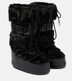 Icon faux fur-trimmed snow boots in black - Moon Boot | Mytheresa Fluffy Boots, Black Snow Boots, Moon Boot, Fur Shoes, Faux Fur Boots, Black Moon, Moon Boots, Shoe Inspo, Shop Icon