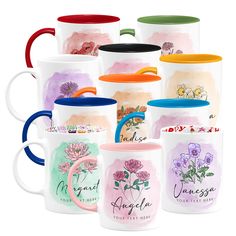 six coffee mugs with different designs on them