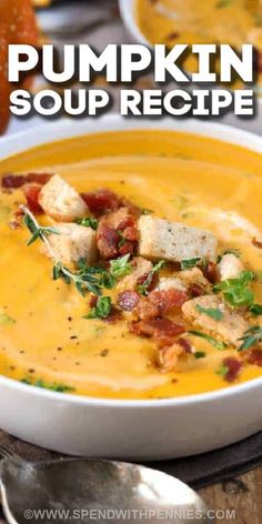 pumpkin soup recipe in a white bowl with croutons and bacon on the side