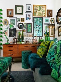 a living room filled with furniture and lots of pictures on the wall next to a plant