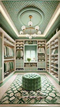 the closet is filled with green and white furniture, including a round footstool