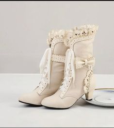 Coquette Boots, Fantasy Boots, Lace Up Heeled Boots, Ethereal Essence, Bridal Hair Pins Pearl, Bridal Boots, Fall Winter Shoes, Womens Booties, Elegant Boots