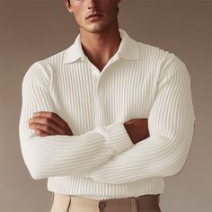 Season:Fall,Spring; Fabric:Knit,Rib Fabrics; Sleeve Length:Long Sleeve; Gender:Men's; Style:Basic,Formal,Muscle,Warm; Tops Type:Golf Polo,Polo Shirt; Occasion:Formal,Holiday,Casual,Work,Club,Active; Pattern:Solid Color; Design:Button; Neckline:Ribbed Polo Collar; Listing Date:09/20/2024; Knit Style:Ribbed Solid Long Sleeve Polo Sweater With Button Closure, Fitted White Ribbed Polo Sweater, White Fitted Ribbed Polo Sweater, Solid Collared Knit Sweater, Collared Knit Sweater In Solid Color, Button-up Knit Polo Sweater With Ribbed Collar, White Collared Sweater With Buttons, Solid Collared Ribbed Sweater, Solid Ribbed Collared Sweater