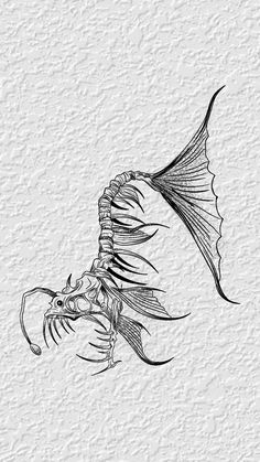 a black and white drawing of a dragon flying through the air with its wings spread