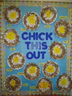 a bulletin board that says chick this out in blue and yellow with lots of chicks on it