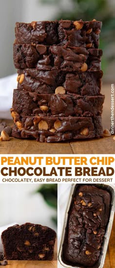 chocolate peanut butter chip brownies are stacked on top of each other