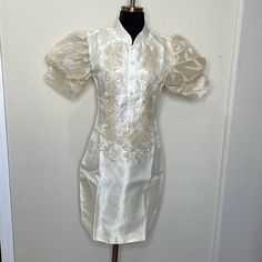 Brand New In Excellent Condition. Smoke Free Environment And Fast Shipping. Measurements: Length 36” Chest In Flat 18” Bin Barong Tagalog, Chinese Collar, Embroidered Dress, Puff Sleeve, Colorful Dresses, Midi Dress, Womens Dresses, Cream, Collar