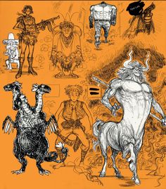 an orange background with black and white drawings of people, animals, and other things