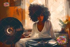 a woman sitting at a record player in front of a window with an afro hairstyle