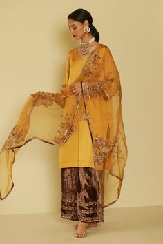 Yellow organza silk dupatta with floral hand embroidery - Aza Fashions Silk Embroidered Palazzo Set For Reception, Embroidered Silk Palazzo Set For Reception, Gold Palazzo Set With Dupatta In Tissue Silk, Gold Tissue Silk Palazzo Set With Dupatta, Silk Palazzo Set With Dupatta For Festivals, Tissue Silk Traditional Wear With Sheer Dupatta For Reception, Reception Traditional Wear With Sheer Dupatta In Tissue Silk, Semi-stitched Organza Palazzo Set With Cutdana, Gold Tissue Silk Palazzo Set With Resham Embroidery