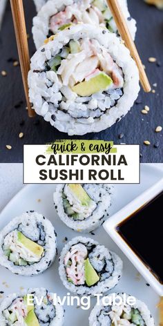 sushi rolls on a plate with chopsticks next to them and the title overlay reads quick & easy california sushi roll