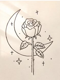 a drawing of a rose on top of a crescent moon with stars in the background