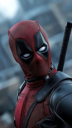 the deadpool character is holding a baseball bat