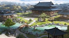 an artist's rendering of a japanese village