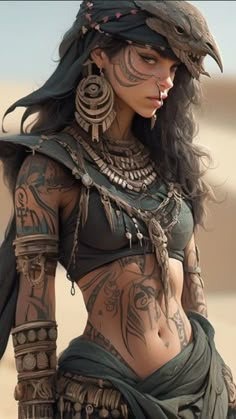 a woman with tattoos on her body and headdress is standing in the desert