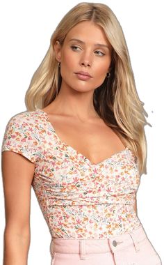 Pink Short Sleeve Elastane Top, Pink Short Sleeve Top In Elastane, Casual Printed Fitted Short Sleeve Bodysuit, Casual Fitted Printed Short Sleeve Bodysuit, Pink Fitted Floral Print Tops, Fitted Floral Print Pink Tops, Fitted Pink Floral Print Tops, Fitted Pink Printed Tops, Fitted Printed Pink Tops