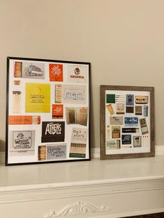 two framed pictures sitting on top of a mantle