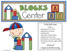 a poster with the words blocks center and a boy in a hat holding a toy