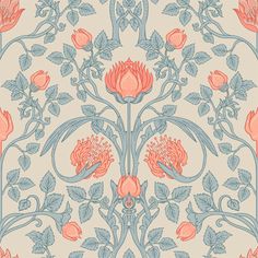 an intricately designed wallpaper with pink flowers and green leaves on the border is shown