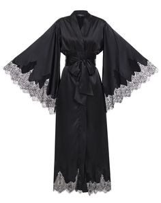 The Audra robe is a sleek, black satin piece with bell sleeves and a hem lined with lace, plus a waist tie for a nice shape. It's a long, luxurious robe that makes every morning special. ✓ garment length - 147 cm/58'' ✓ wrap over style ✓ two sets of inside ties ✓ wide obi-tie is included. Material Composition:  polyamide 60%, viscose 20%, polyester 10%, silk 7%, elastane 3% Model is 175 cm/66.9'' tall and wears size XS/S. Elegant Black Satin Finish Gown, Evening Kimono With Satin Finish And Kimono Sleeves, Evening Kimono With Satin Finish, Black Satin Finish Gown, Elegant Satin Kimono With Satin Finish, Black Satin Finish Dress For Wedding, Black Satin Finish Wedding Dress, Elegant Silk Robe For Evening, Elegant Black Silk Robe