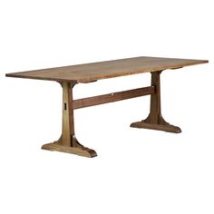 a large wooden table with two legs and a long slab on one end, against a white background