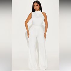 Brand New Never Worn Excellent Condition Fashion Nova Jumpsuits & Rompers, White Sleeveless Pantsuit For Night Out, White Workwear Bodysuit, Chic High Waist White Bodysuit, White Fitted Pantsuit For Night Out, Chic White High Waist Bodysuit, Fitted White Pantsuit For Night Out, Elegant White Jumpsuits And Rompers For Night Out, White High-waist Bodysuit For Night Out