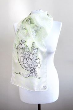 White Silk Scarf With Floral Print, White Silk Scarf For Spring, White Artistic Scarves For Spring, Artistic White Scarf For Spring, Artistic White Scarves For Spring, White Floral Print Silk Scarf As A Gift, White Silk Scarf With Floral Print For Gift, White Floral Print Silk Scarf For Gift, Handmade White Scarves For Spring