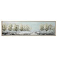 a painting with trees in the background and snow on the ground, framed by a white wall