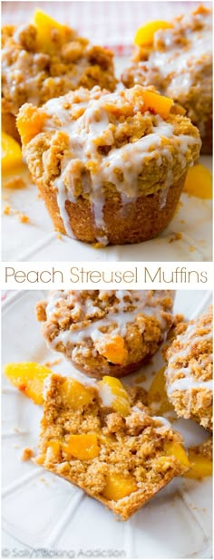 peach streusal muffins with white frosting on top