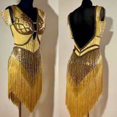 Size S/M Never Used Luxury Custom Made Latin Dance Dress Leotard Attached Covered In Swarovski Rhinestones Fringes And Beats Amazing Quality Gold Embellished Fitted Flapper Dress, Gold Fitted Sleeveless Flapper Dress, Fitted Gold Sleeveless Flapper Dress, Gold Fitted Dance Dress, Gold Fitted Dress For Dance, Maria Dance, Latin Competition Dress, Cuffed Sleeve Dress, Zara Slip Dress